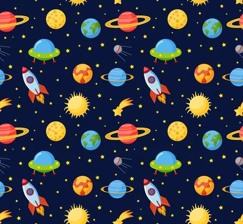 Cartoon Rocket Seamless vector pattern background isolated on navy blue color Stock Illustration