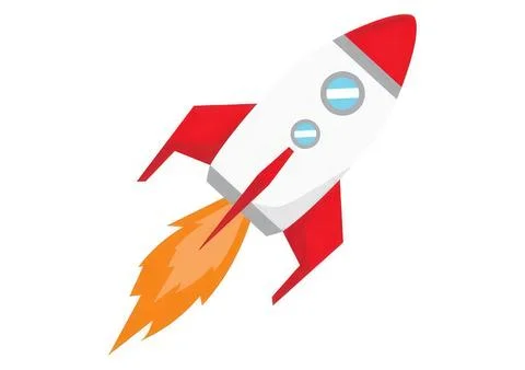 Cartoon rocket ship flying with flames and red fins Illustration