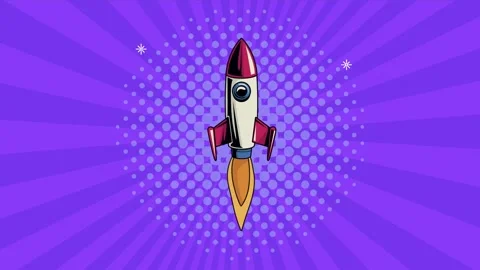 Cartoon rocket ship launches with fire and smoke against a vibrant purple s.. Stock Footage 333295012