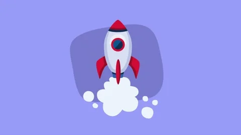 Cartoon rocket ship launching into space with white smoke clouds moving on .. Stock Footage 339114606
