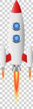 A cartoon rocket ship with a red and white body soars into space, flames em.. Stock Illustration