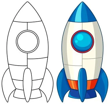 Cartoon Rocket Ship Vector Illustration in Color and Line Art Stock Illustration