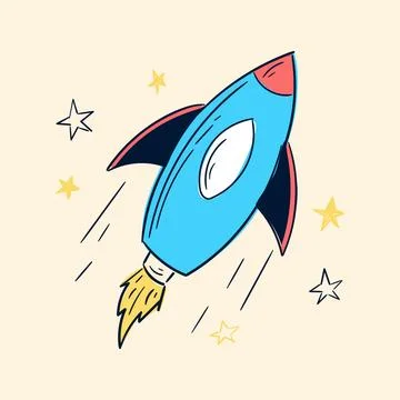 Cartoon rocket on space background, vector illustration. Simple flying spaceship Stock Illustration