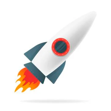 Cartoon rocket space ship isolated on white backdrop with shadow. Vector flat Stock Illustration
