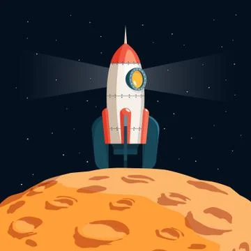 Cartoon rocket spaceship on the surface of the moon Stock Illustration