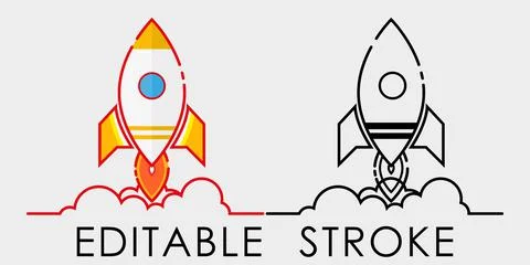 Cartoon rocket spaceship taking off, isolated. Editable stroke. Retro spacesh Stock Illustration