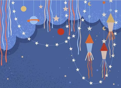 Cartoon rockets and celestial objects in garland. Design elements for children Illustrazione stock