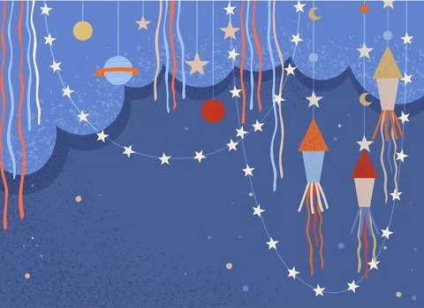 Cartoon rockets and celestial objects in garland. Design elements for children Illustrazione stock