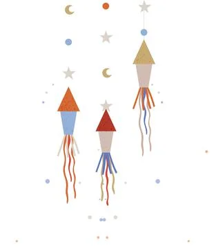 Cartoon rockets and celestial objects in garland. Design elements for children Illustrazione stock