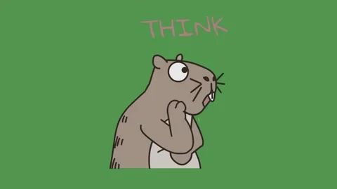 Cartoon rodent pondering intently with thinking text displayed above its head Stock Footage 346128053