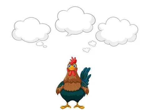 Cartoon Rooster Character Thinking with Three Empty Speech Bubbles Stock Illustration