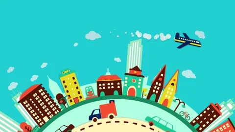 Cartoon Rotating City World with Flying Vehicles and Sun Stock After Effects