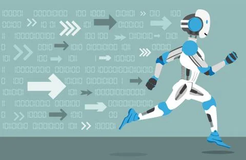 Cartoon Running Robot Data Arrows Stock Illustration