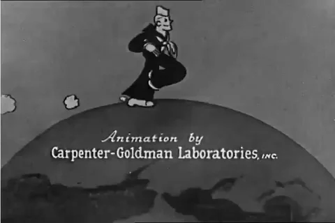 A cartoon sailor jumps on a shell fired from a battleship and rides it to the Stock Footage 90404871