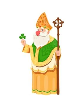 Cartoon saint Patrick character holding a shamrock Stock Illustration