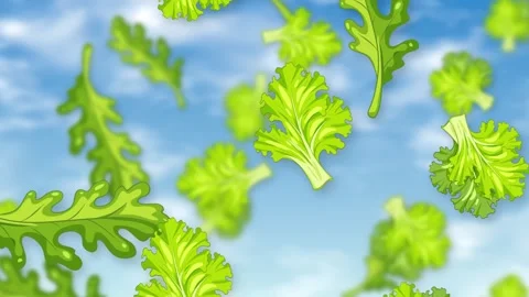 Cartoon Salad Leaves Falling Through a Blue Sky with Clouds Stock Footage 342314323