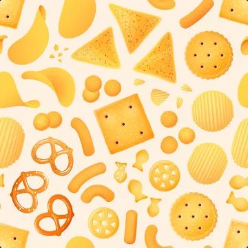 Cartoon salty snacks seamless pattern. Crispy chips, nachos, pretzels and Stock Illustration