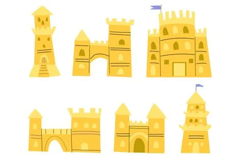 Cartoon Sand Castle, beach elements set. Vector illustrations isolated on white Stockillustratie