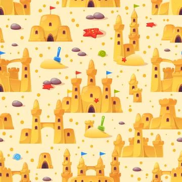 Cartoon sand castles seamless pattern. Repeated cute kids fortresses with towers Stock Illustration