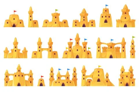 Cartoon sand castles. Summer beach kids games, seashore childish building Stock Illustration