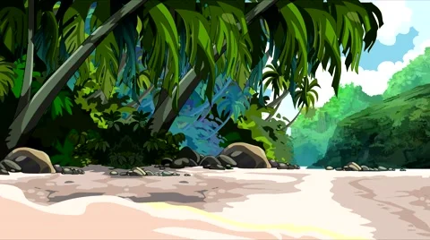 Cartoon sandy beach jungle with palm trees Stock Footage