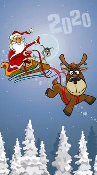 Cartoon Santa Claus flies with a mouse in a sleigh on a deer Stock Illustration