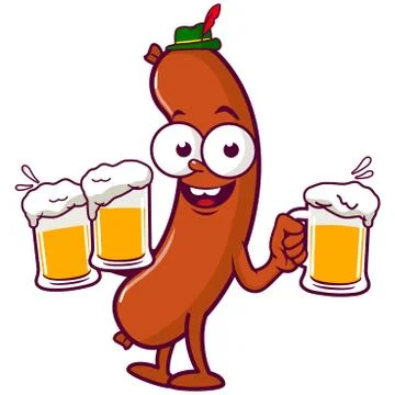 Cartoon sausage serving beer. Vector Illustration Stock Illustration