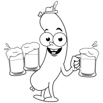 Cartoon sausage serving beer.  Vector black and white coloring page. Stock Illustration