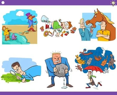 Cartoon sayings or proverbs set Illustration Set of Humorous Cartoon Conce... Stock Photos