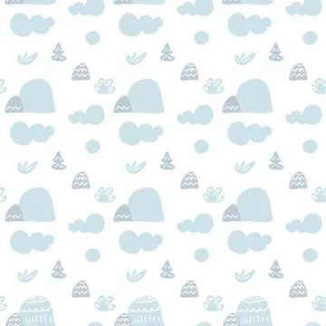 Cartoon scandinavian seamless pattern. Vector landscape with clouds, mountains Stockillustratie