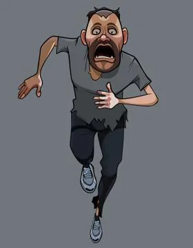 Cartoon scared man in torn clothes runs with his mouth open Stock Illustration