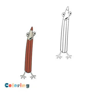 Cartoon scared pencil. Vector illustration in the form of coloring and color  Stock Illustration