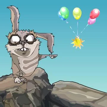 Cartoon scary rabbit points to multicolored balloons Stock Illustration