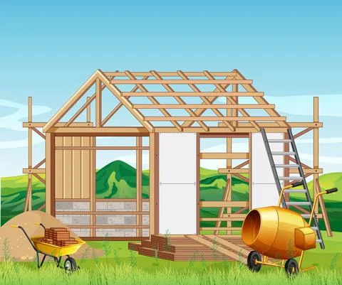 Cartoon scene of building construction site Ilustración de archivo