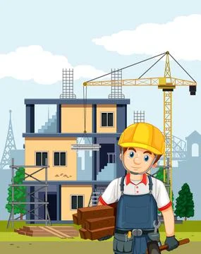 Cartoon scene of building construction site Ilustración de archivo