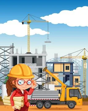 Cartoon scene of building construction site Ilustración de archivo