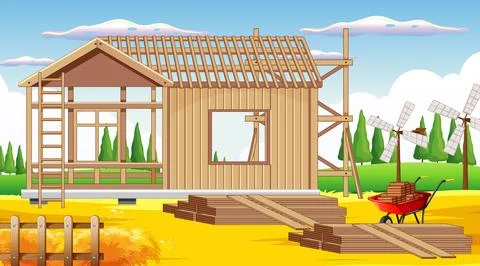 Cartoon scene of building construction site Ilustración de archivo