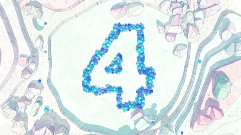 Cartoon Scene: Digit 4 Made of of Colorful Balls Falling into Stone Canyon Stock Footage 253292492