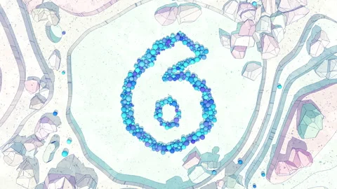 Cartoon Scene: Digit 6 Made of of Colorful Balls Falling into Stone Canyon Stock Footage 253287617
