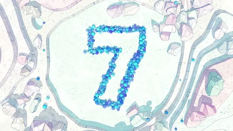 Cartoon Scene: Digit 7 Made of of Colorful Balls Falling into Stone Canyon Stock Footage 253286799
