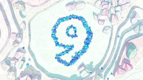 Cartoon Scene: Digit 9 Made of of Colorful Balls Falling into Stone Canyon Stock Footage 253285033