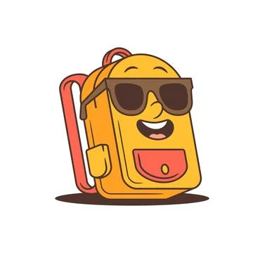 Cartoon school backpack mascot with dark sunglasses and vibrant red pockets.  Stock Illustration