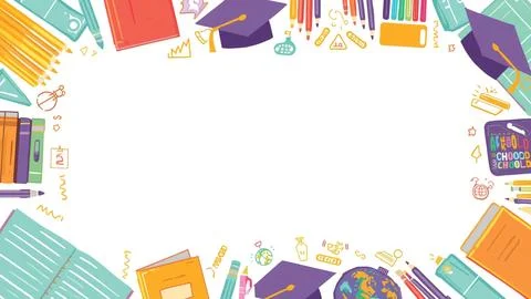 Cartoon School Border Frame with Cute Colorful Education Icons in HD Stock-Illustration