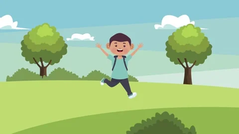 Cartoon school boy with backpack running through green park during summer d.. Stock-Footage 339062360