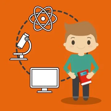 Cartoon school boy book computer microscope atom 스톡 일러스트