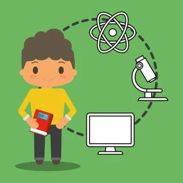 Cartoon school boy book pc atom laboratory green background Illustrazione stock