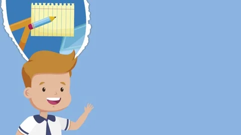 Cartoon school boy thinking about supplies and learning equipment in educat.. Видео 339071219