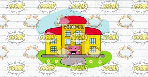 Cartoon school building exploding with BOOM! texts around 库存照片