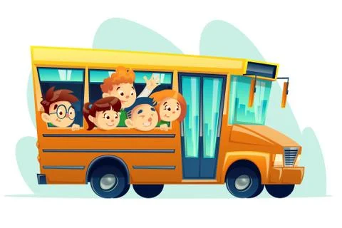 Cartoon school bus full of happy kids Stock Illustration