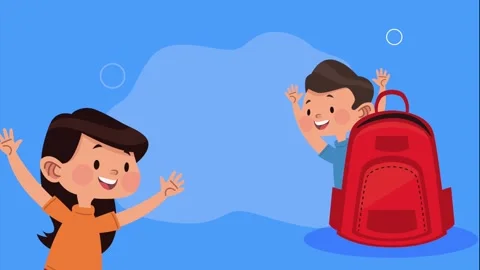 Cartoon school children with backpack animation featuring happy boy and gir.. Vídeos de archivo 333290194